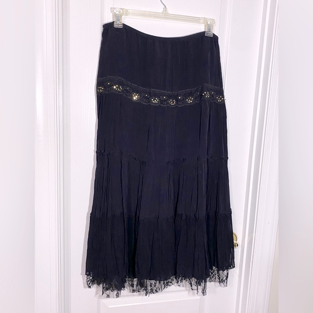 Paradise NY Lace Trim Gold Sequin Tiered Maxi Skirt Black Large